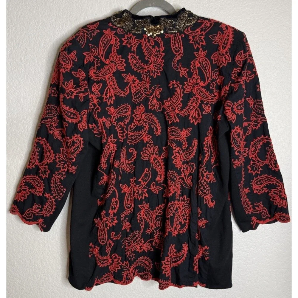 Chicos 3 US XL Womens Black Red Embroidered Beaded Jacket Paisley‎ Holiday - Picture 2 of 11